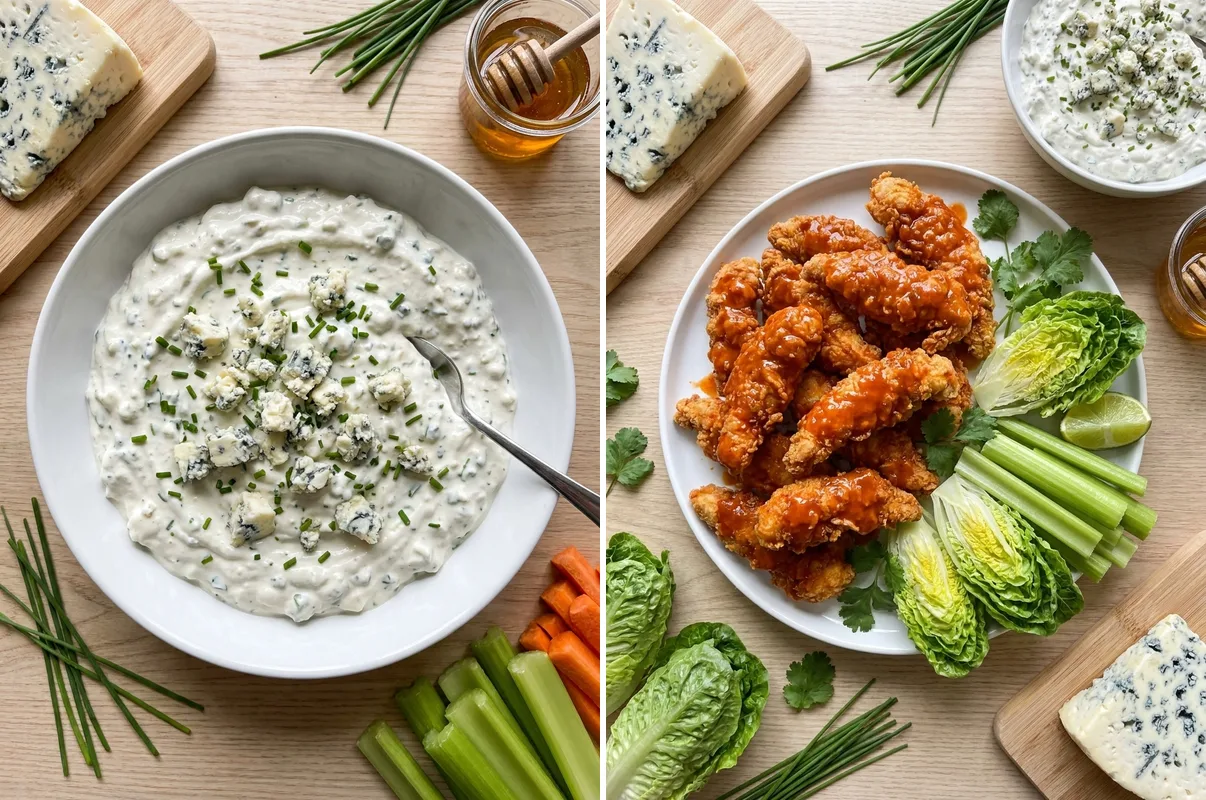Gordon Ramsay blue cheese dip in bowl and served with buffalo chicken strips