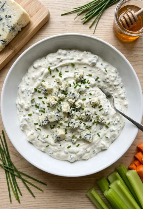 Gordon Ramsay blue cheese sauce with crumbled cheese and chives in a white bowl
