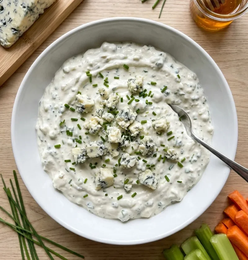 Gordon Ramsay blue cheese sauce with crumbled cheese and chives in a white bowl