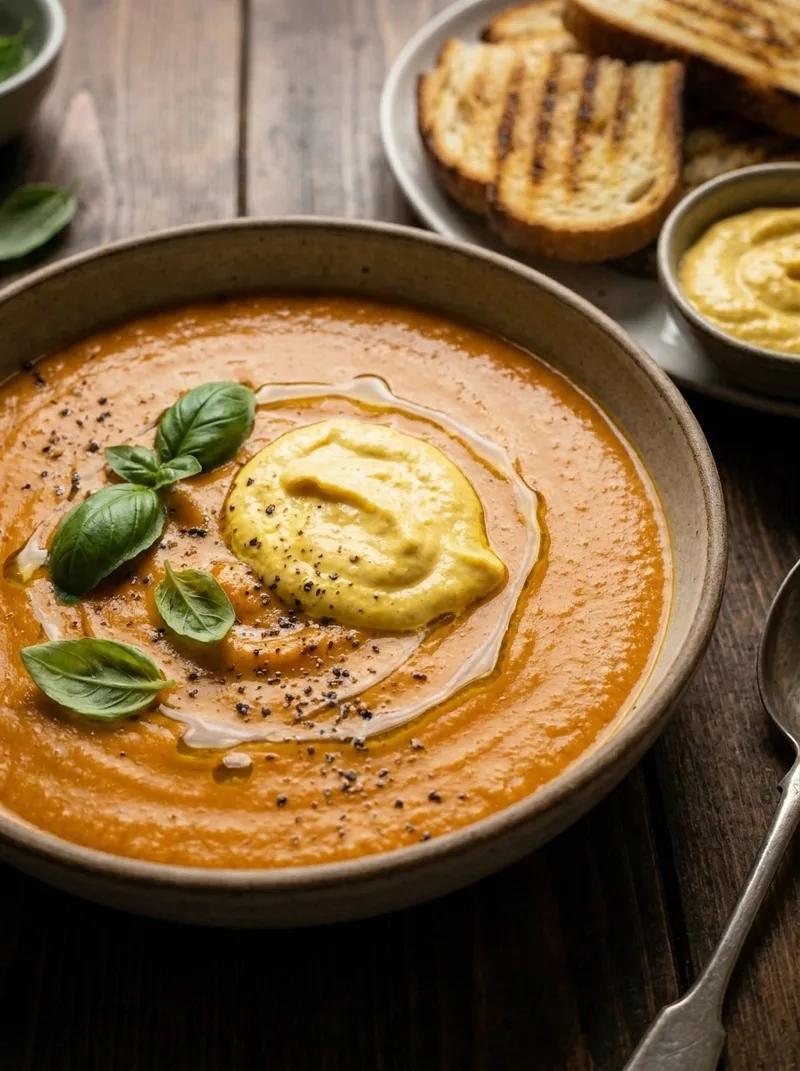 Close-up of smooth bouillabaisse with rouille dollop and basil