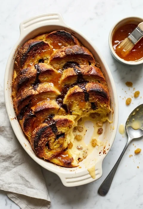 Gordon Ramsay bread and butter pudding made with pain au chocolat in a cream baking dish, golden top with melted chocolate and apricot jam glaze, portion scooped out showing custard and golden raisins