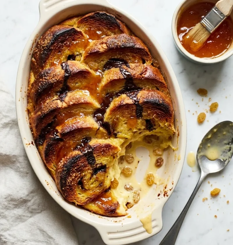 Gordon Ramsay bread and butter pudding made with pain au chocolat in a cream baking dish, golden top with melted chocolate and apricot jam glaze, portion scooped out showing custard and golden raisins
