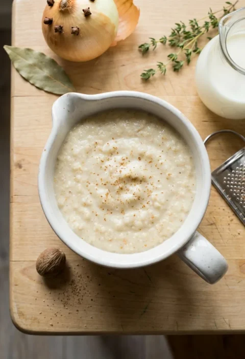 Gordon Ramsay bread sauce thick and creamy with nutmeg in a white pouring jug