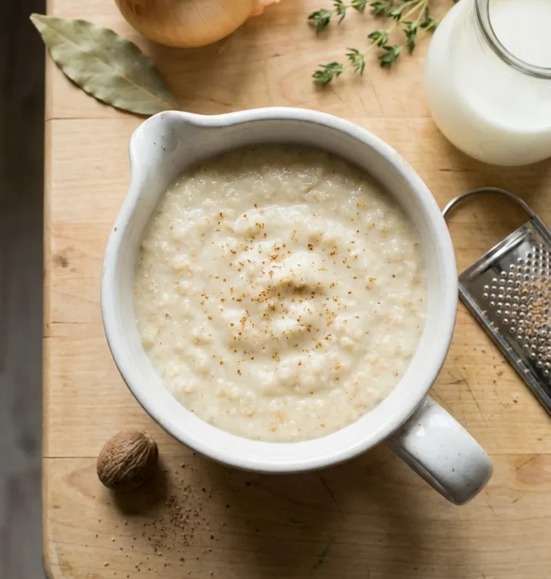 Gordon Ramsay bread sauce thick and creamy with nutmeg in a white pouring jug