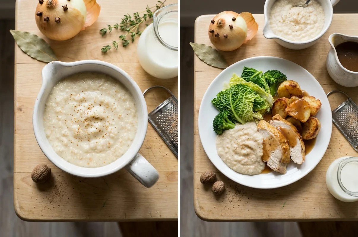 Gordon Ramsay bread sauce in jug and served with roast chicken and vegetables