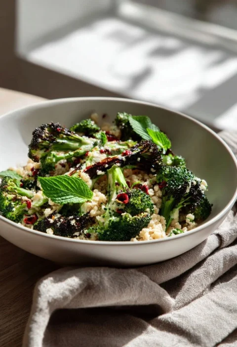 Gordon Ramsay broccoli salad recipe with chargrilled broccoli florets bulgur wheat mint and harissa buttermilk dressing