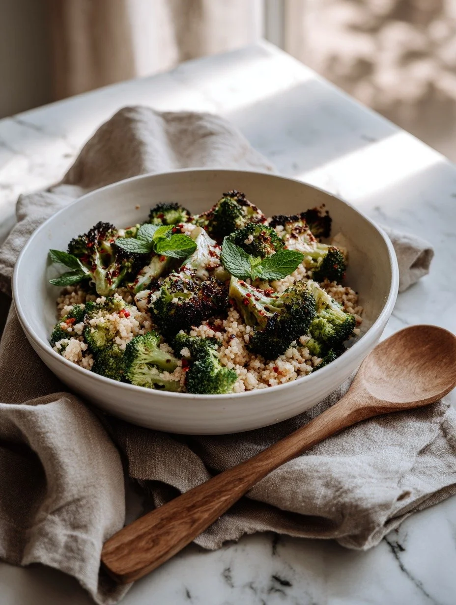 Gordon Ramsay broccoli salad served in a bowl with a wooden spoon