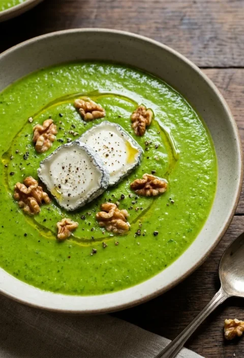 Bright green Gordon Ramsay broccoli soup with ash-rolled goat's cheese slices and toasted walnuts