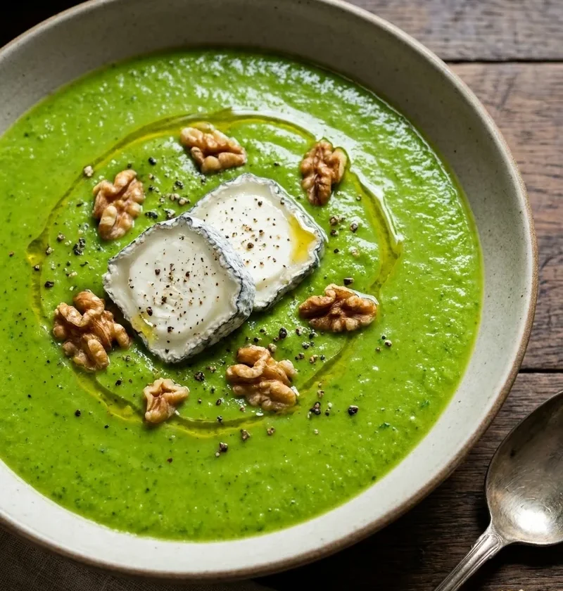 Bright green Gordon Ramsay broccoli soup with ash-rolled goat's cheese slices and toasted walnuts