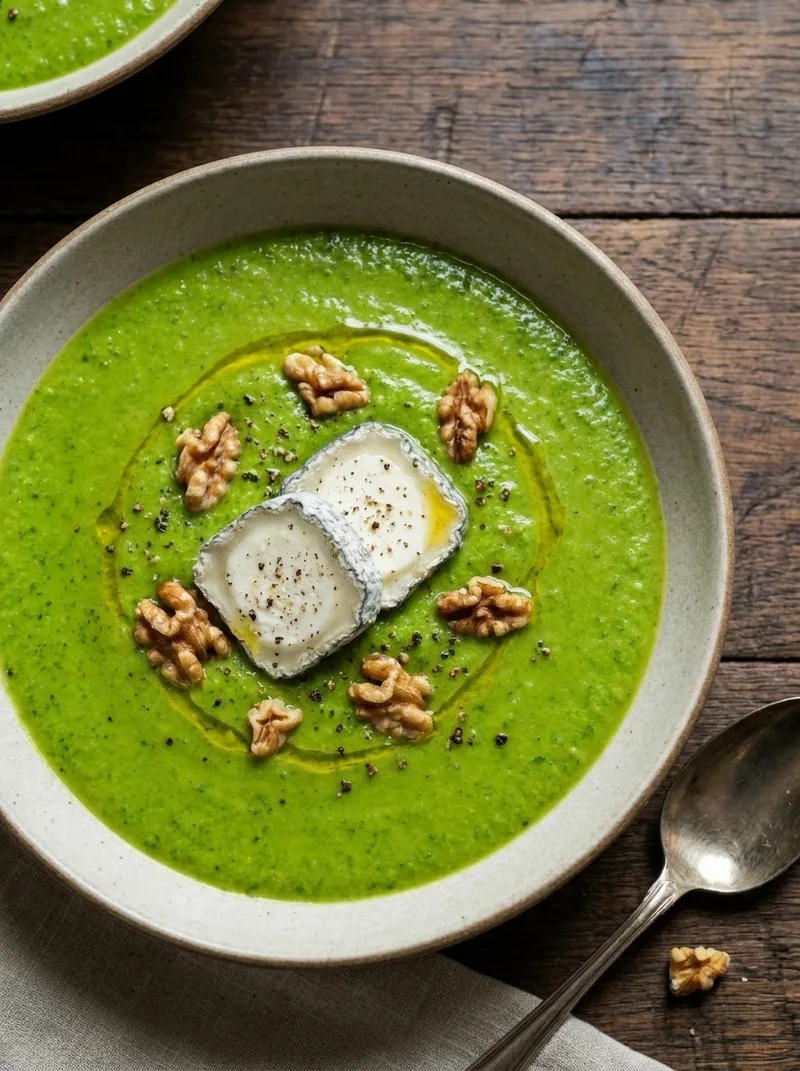 Overhead view of Gordon Ramsay broccoli soup with goat cheese and toasted walnuts