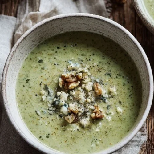Close-up of broccoli and stilton soup showing crumbled blue cheese and walnut garnish
