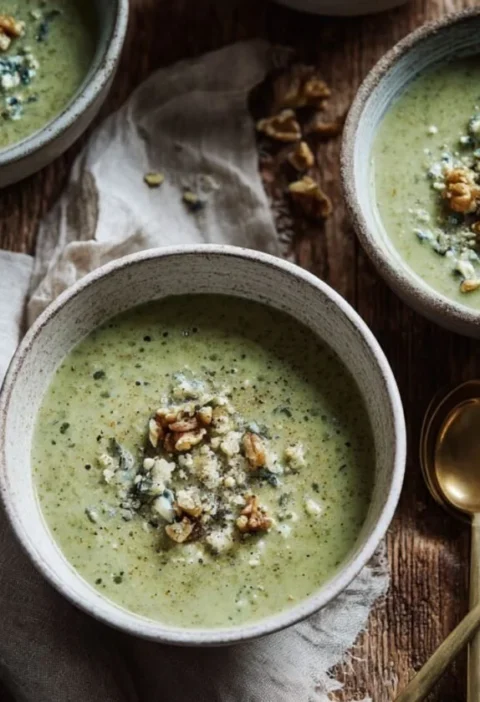 Three bowls of bright green Gordon Ramsay broccoli and stilton soup topped with crumbled blue cheese and toasted walnuts