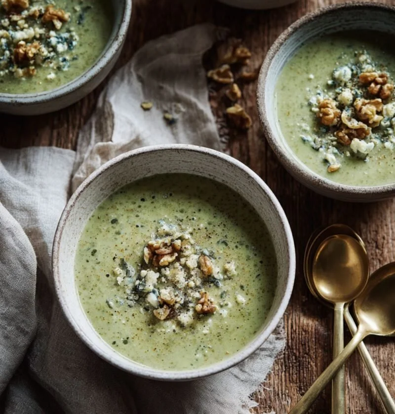 Three bowls of bright green Gordon Ramsay broccoli and stilton soup topped with crumbled blue cheese and toasted walnuts
