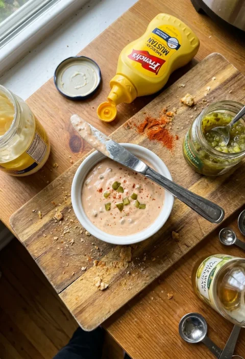 Gordon Ramsay burger sauce with pickled cucumber relish in a white ramekin