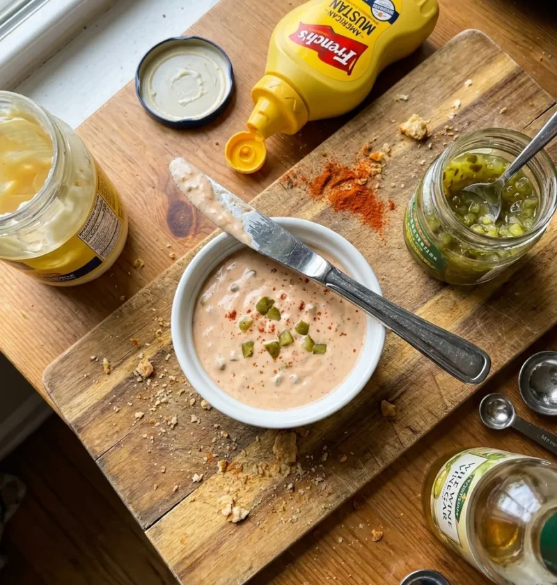 Gordon Ramsay burger sauce with pickled cucumber relish in a white ramekin