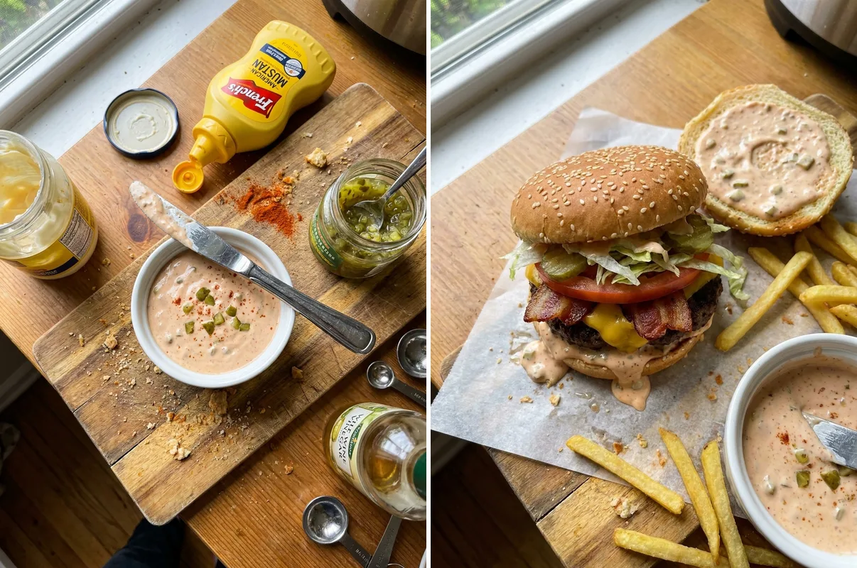 Gordon Ramsay burger sauce in bowl and spread on a bacon cheeseburger