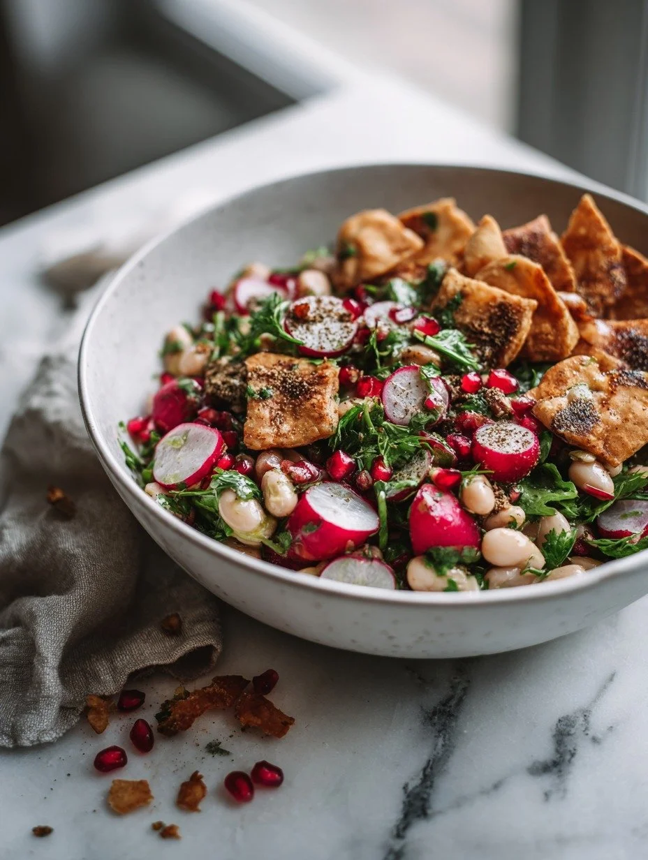 Gordon Ramsay herby butter bean salad with crispy pitta radishes and pomegranate