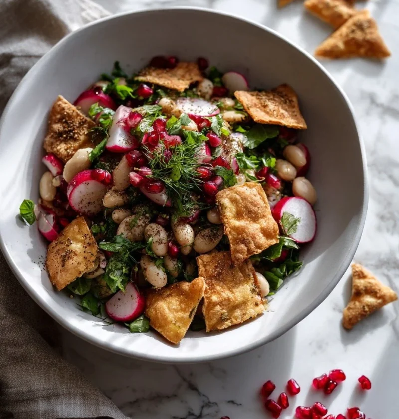 Gordon Ramsay butter bean salad with crispy pitta bread pomegranate seeds and fresh herbs