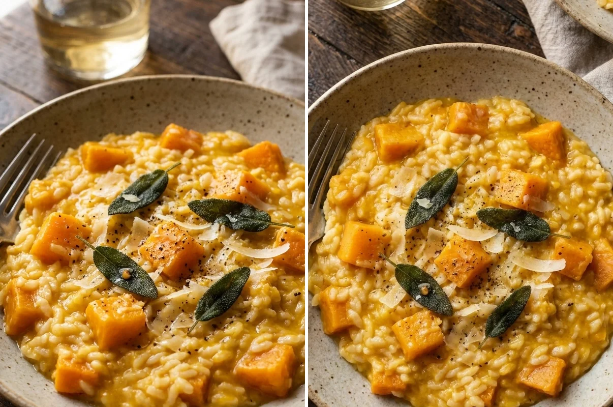 Two angles of butternut squash risotto with crispy sage and Parmesan shavings
