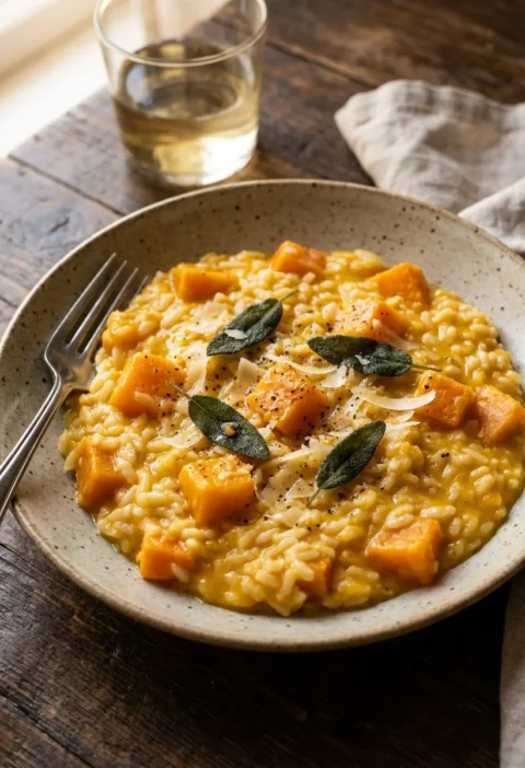 Gordon Ramsay butternut squash risotto with orange squash chunks, crispy sage and Parmesan