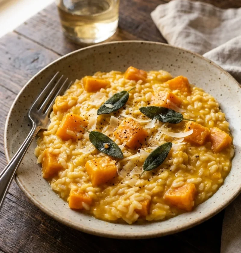 Gordon Ramsay butternut squash risotto with orange squash chunks, crispy sage and Parmesan