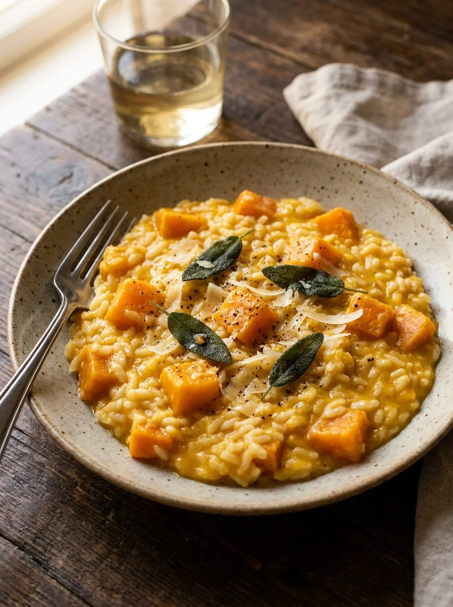 Gordon Ramsay butternut squash risotto with orange squash chunks, crispy sage and Parmesan