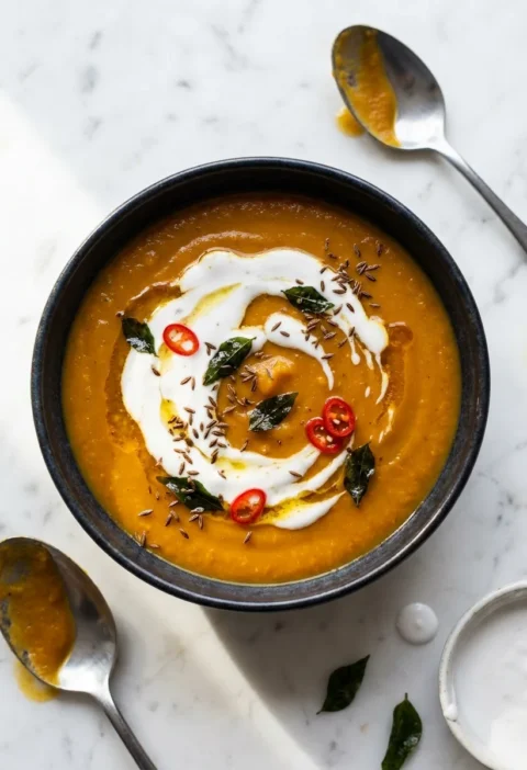 Gordon Ramsay butternut squash soup with coconut cream curry leaves and red chilli
