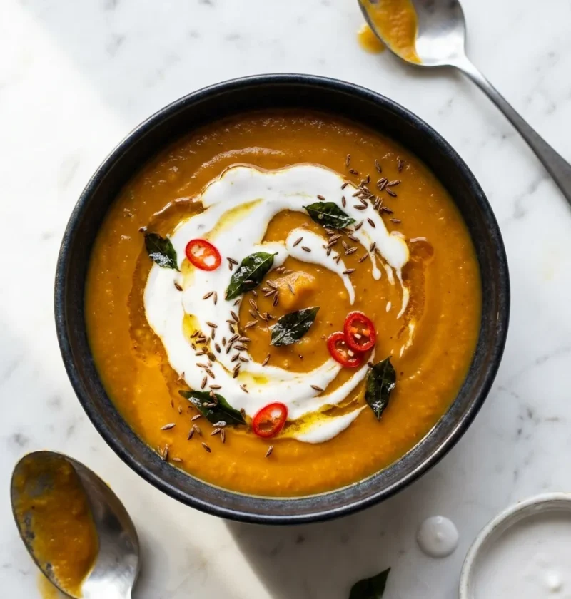 Gordon Ramsay butternut squash soup with coconut cream curry leaves and red chilli