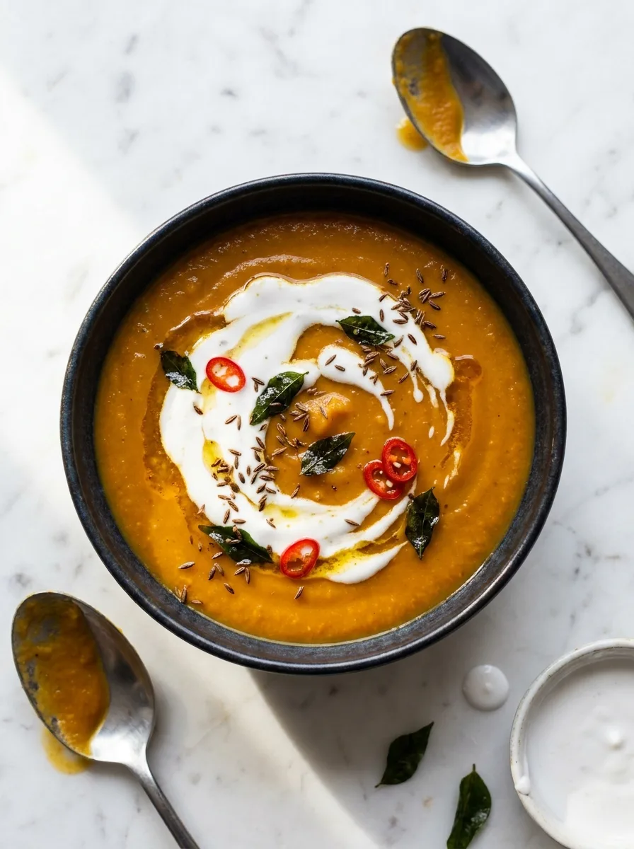 Gordon Ramsay butternut squash soup with coconut cream curry leaves and red chilli