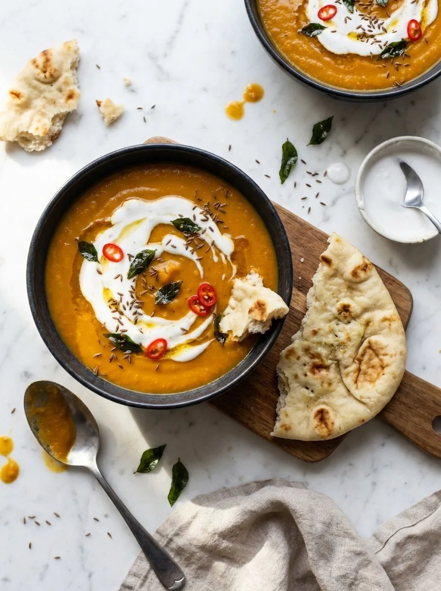 Gordon Ramsay spiced butternut squash and lentil soup served with naan bread