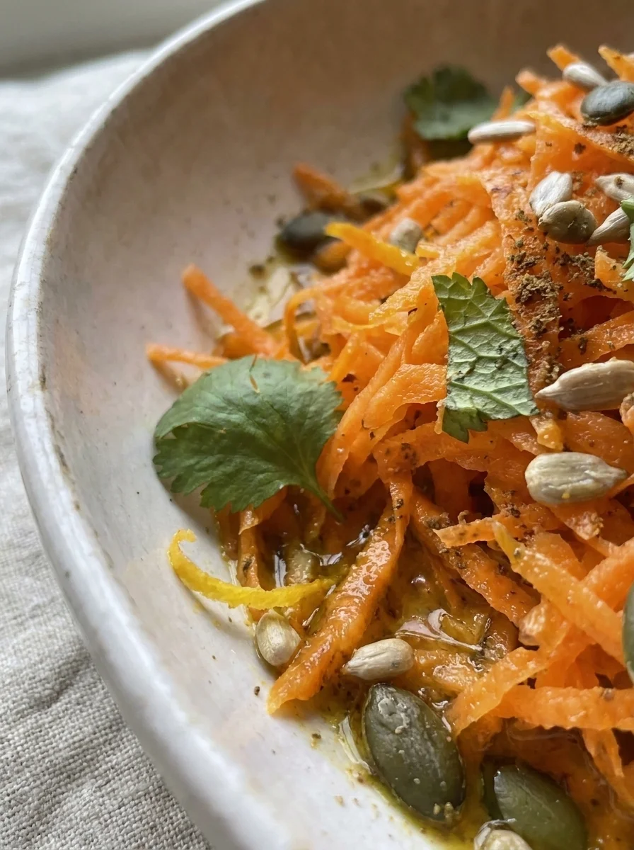 Close up of grated carrot with orange zest, ground cumin and pumpkin seeds