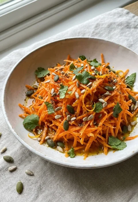 Grated carrot salad with pumpkin seeds, sunflower seeds, cumin and torn herbs