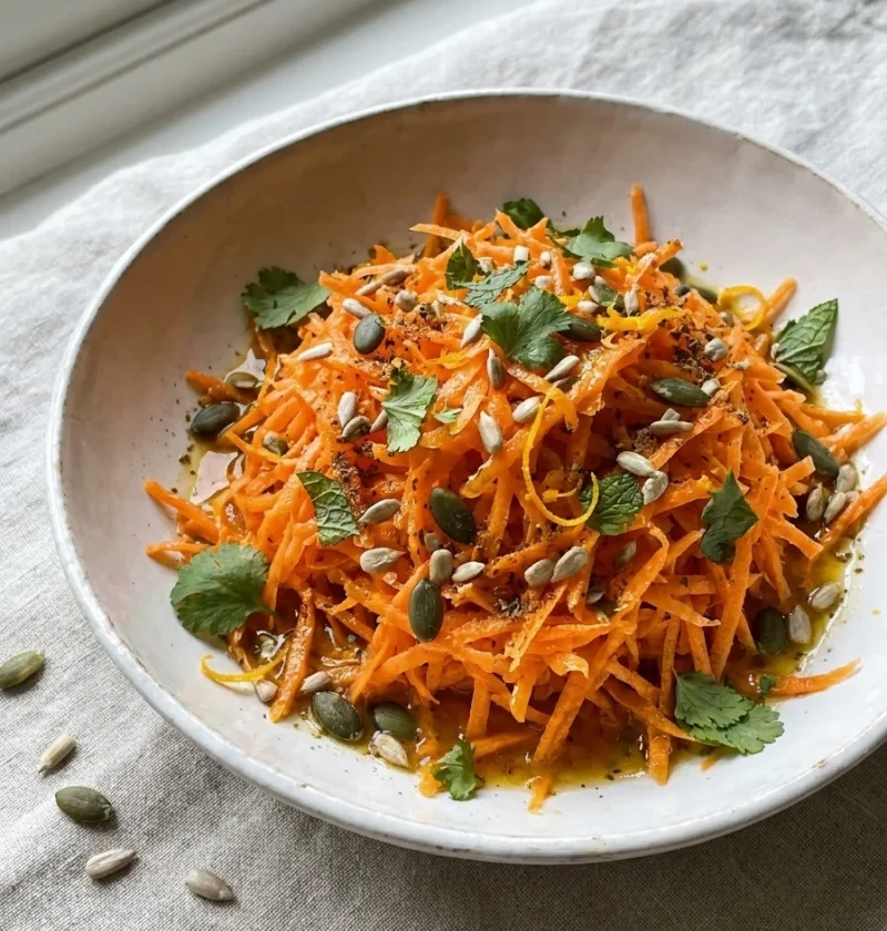 Grated carrot salad with pumpkin seeds, sunflower seeds, cumin and torn herbs