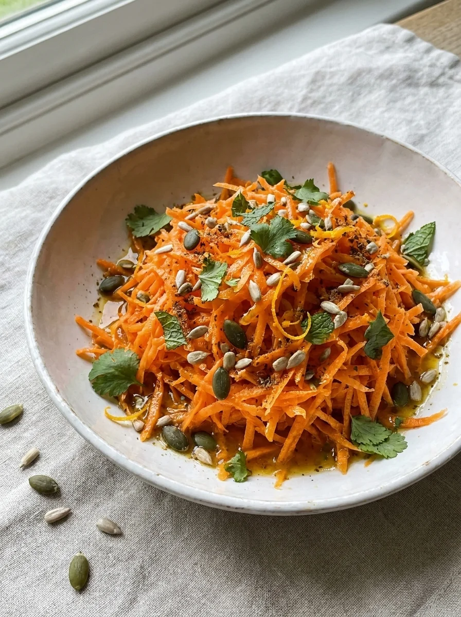 Grated carrot salad with pumpkin seeds, sunflower seeds, cumin and torn herbs