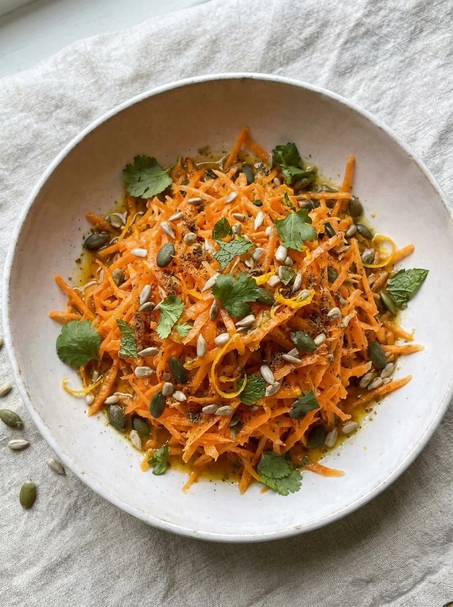 Overhead view of carrot cumin and orange salad with seeds
