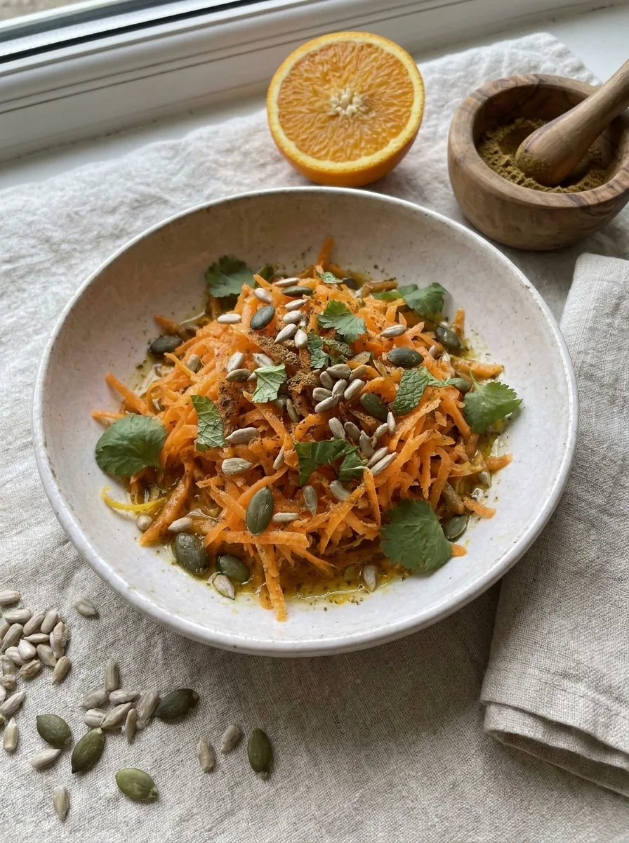 Carrot salad on table with halved orange and mortar of cumin