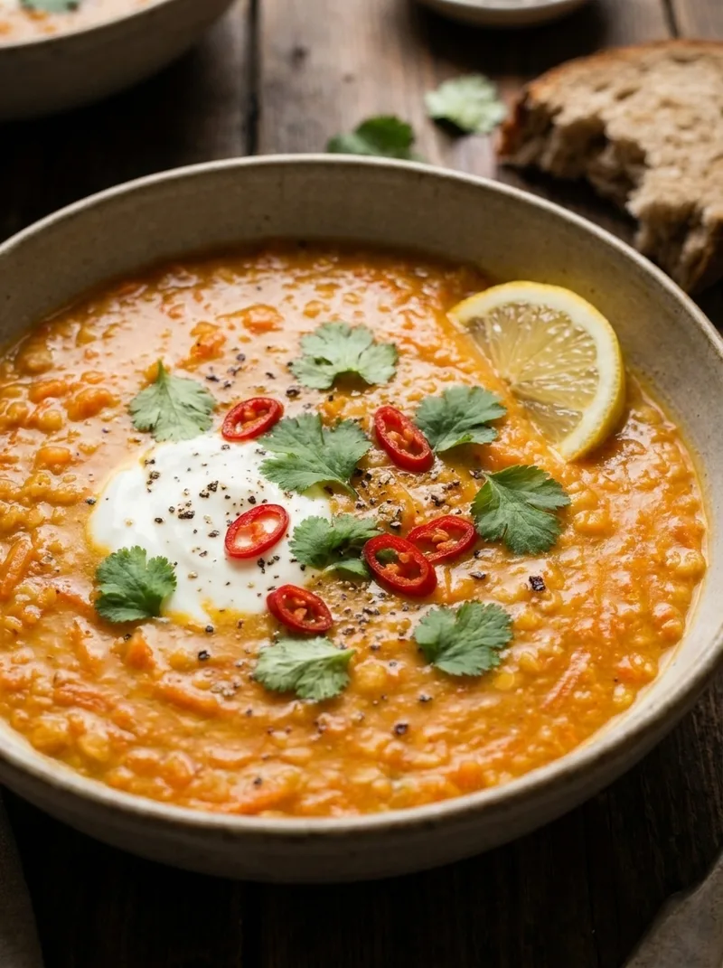 Close-up of spiced carrot soup showing lentil texture and toppings