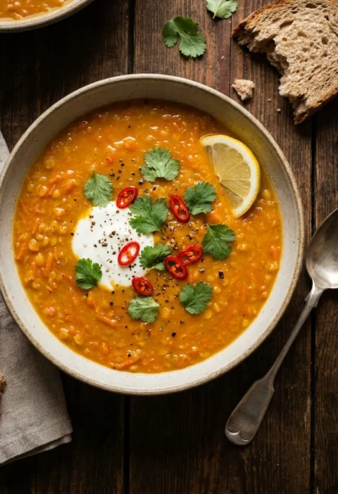 Gordon Ramsay carrot and lentil soup with yoghurt, fresh coriander, red chilli and lemon wedge