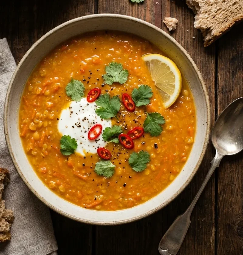 Gordon Ramsay carrot and lentil soup with yoghurt, fresh coriander, red chilli and lemon wedge
