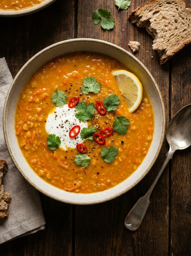 Carrot and lentil soup with yoghurt, coriander and chilli