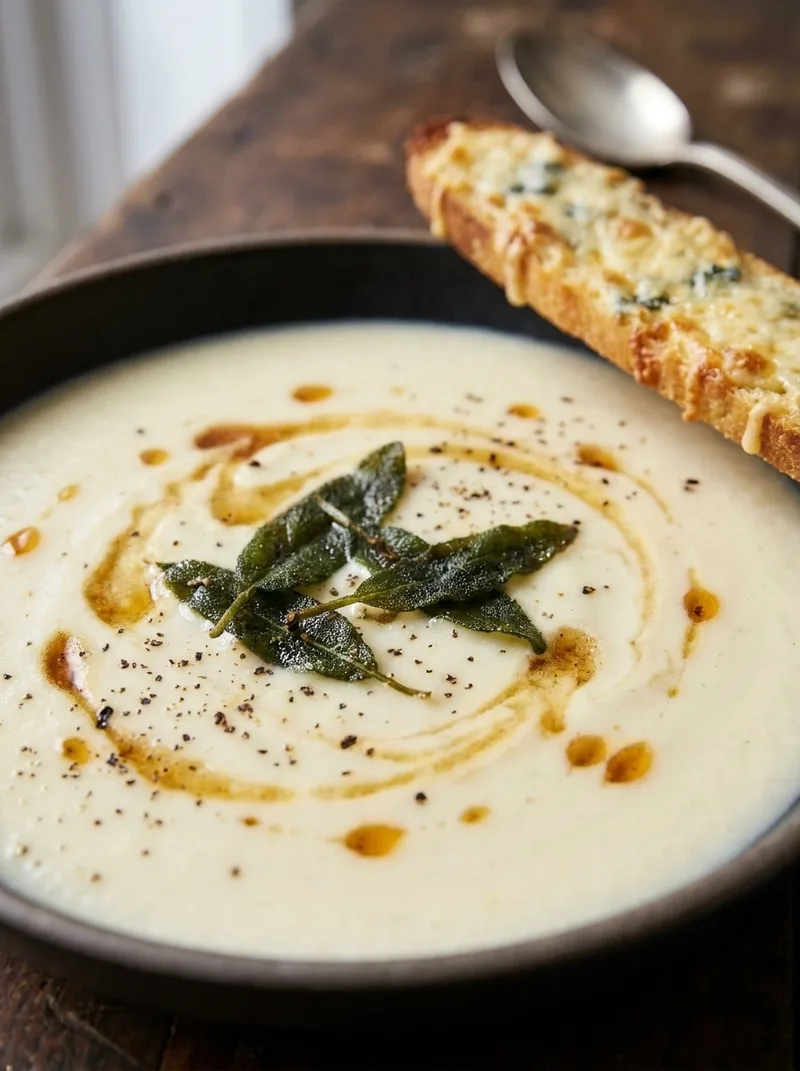 Close-up of cauliflower soup with brown butter droplets and crispy sage