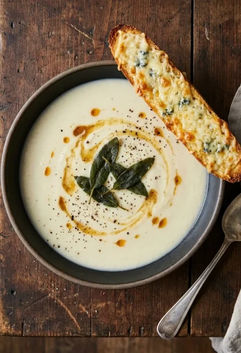 Cauliflower soup with brown butter swirl, crispy sage leaves and cheesy toast