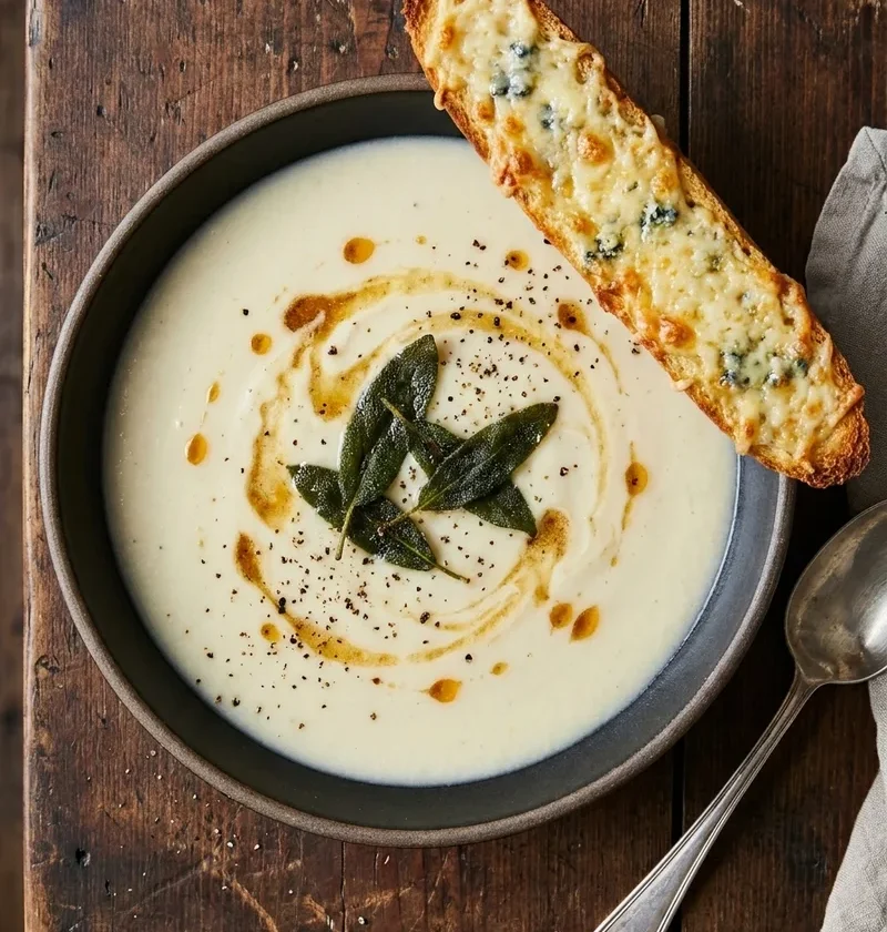 Cauliflower soup with brown butter swirl, crispy sage leaves and cheesy toast