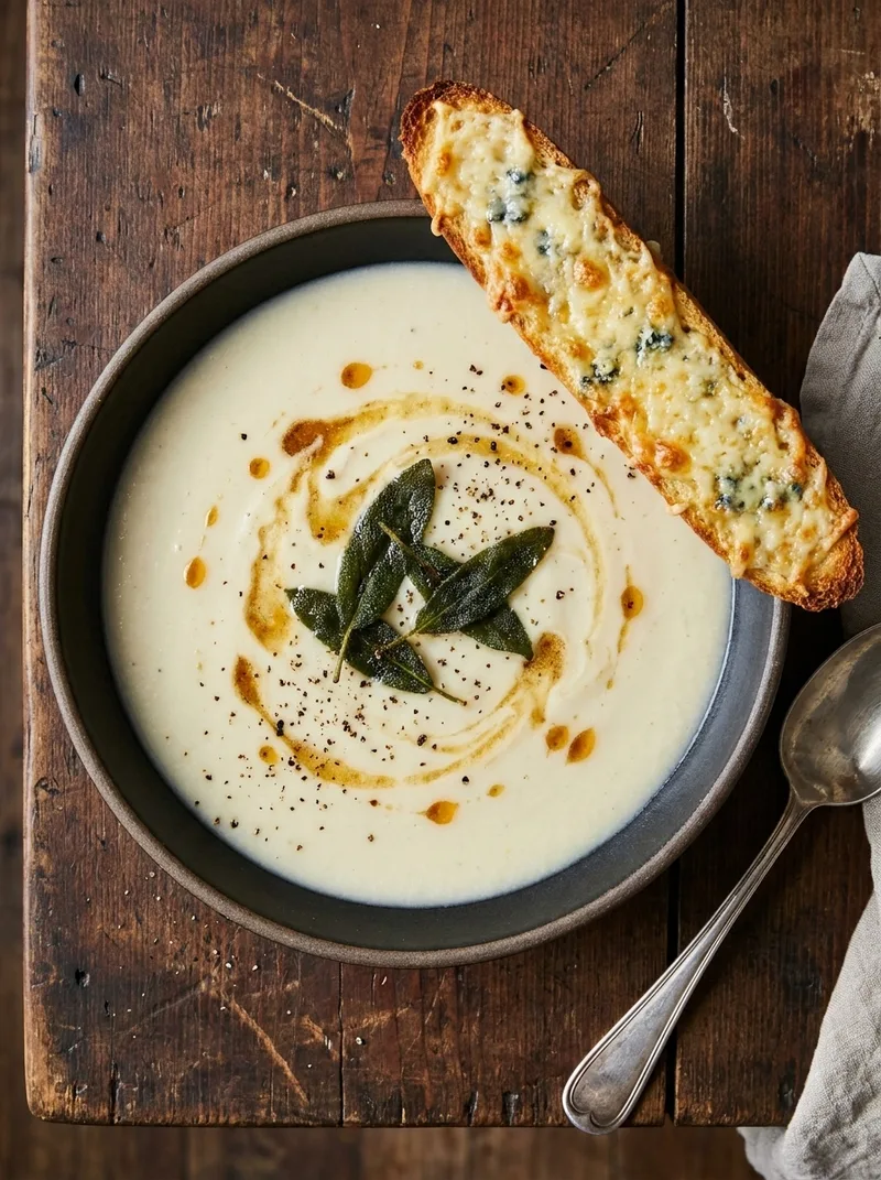 Cauliflower soup with brown butter, sage and cheesy toast
