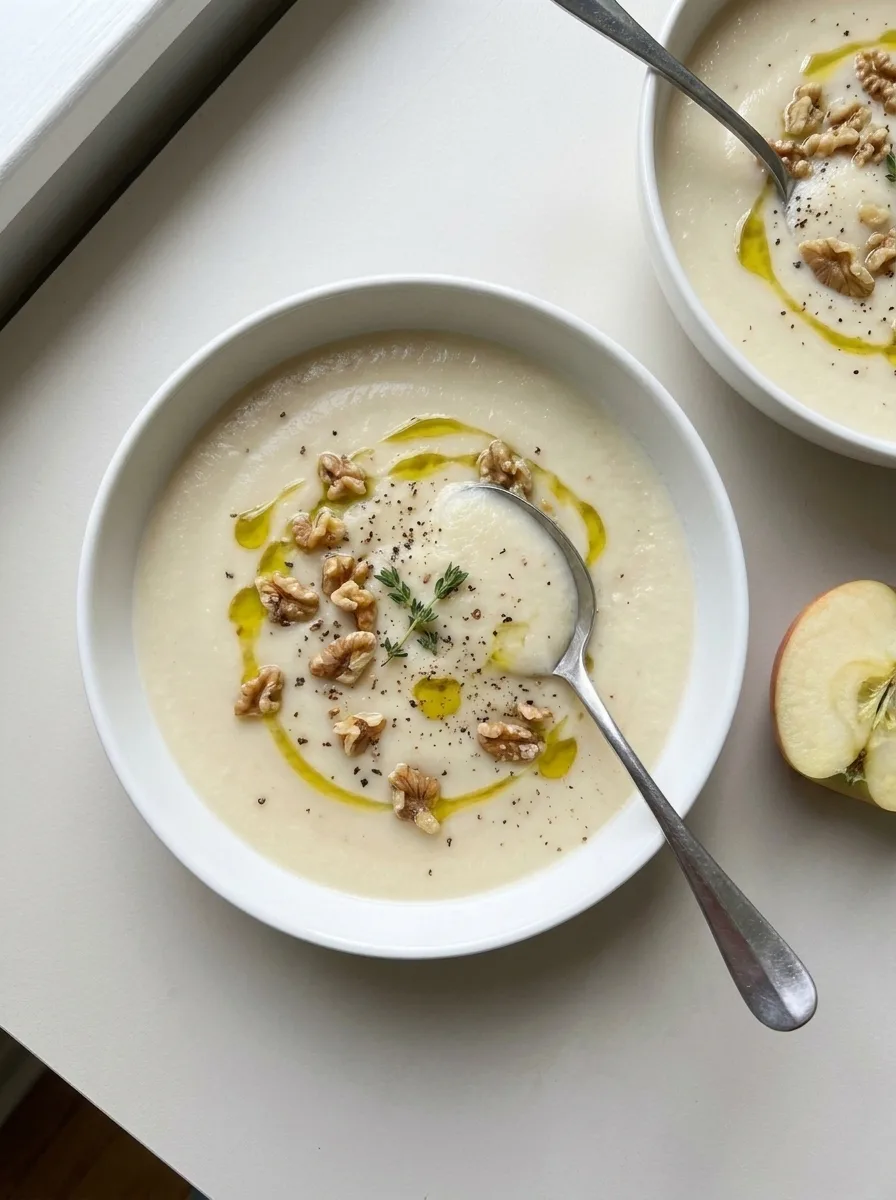 Gordon Ramsay celeriac and apple soup mid meal with walnuts