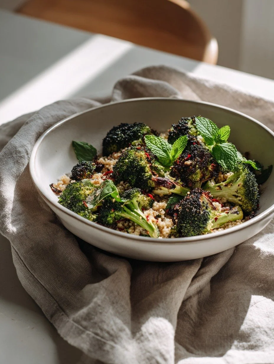 Chargrilled broccoli and bulgur wheat salad with fresh mint leaves and chilli flakes