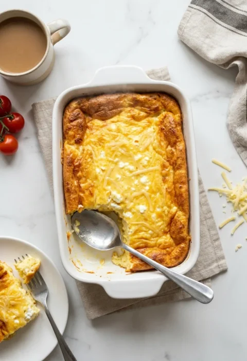 Gordon Ramsay cheat souffle with three cheeses in a baking dish scooped and served for brunch