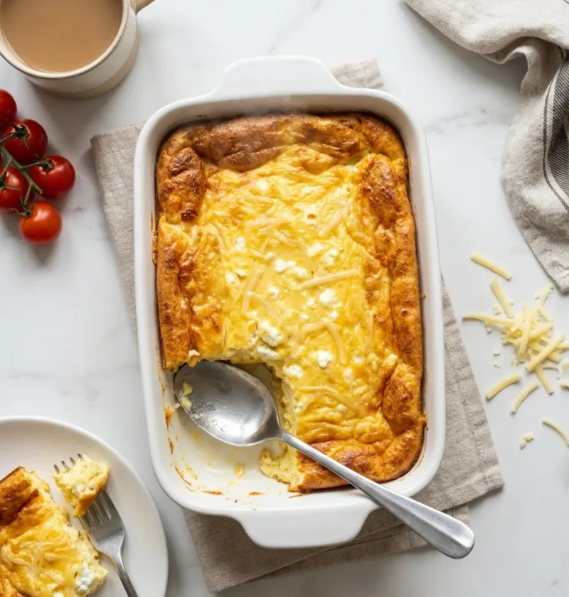 Gordon Ramsay cheat souffle with three cheeses in a baking dish scooped and served for brunch