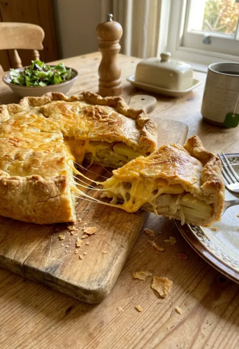 Gordon Ramsay cheese and onion pie on a wooden chopping board, rustic free-form shortcrust with a wedge cut showing layers of potato and melted Cheddar stretching between the slices