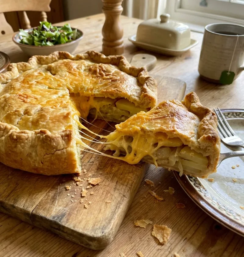 Gordon Ramsay cheese and onion pie on a wooden chopping board, rustic free-form shortcrust with a wedge cut showing layers of potato and melted Cheddar stretching between the slices